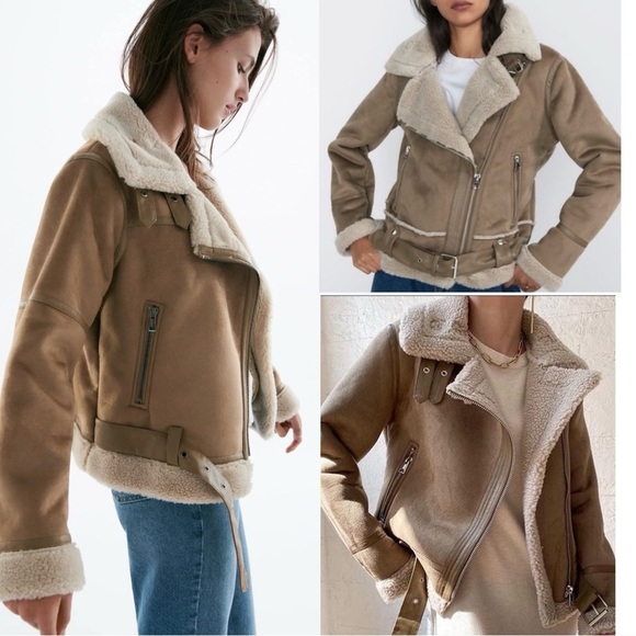 Zara trendy tan beige aviator faux suede Sherpa shearling moto jacket size S - Picture 1 of 15